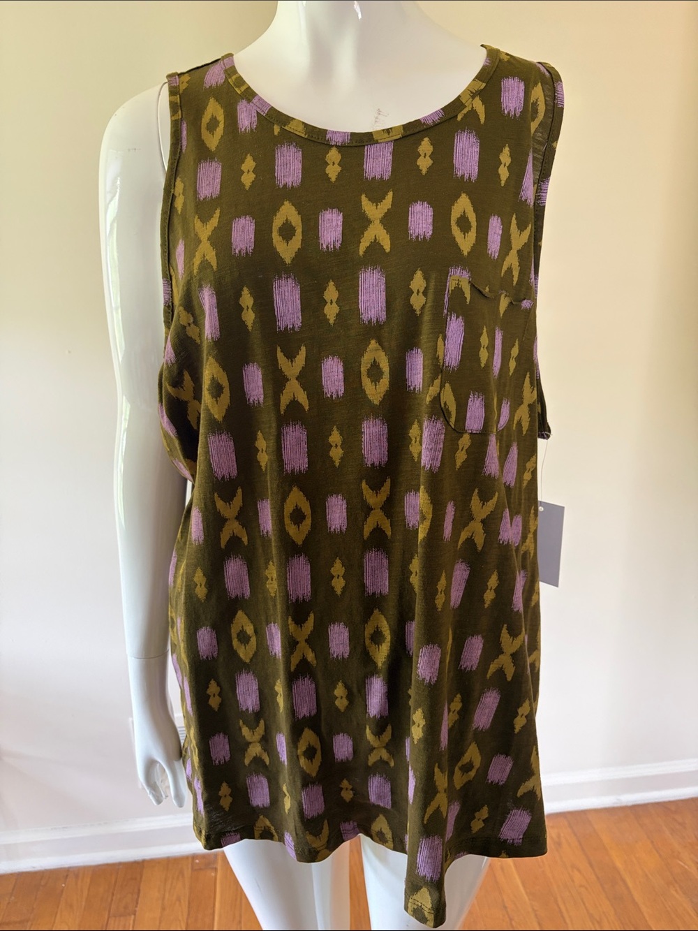 NWT! Sonoma Olive Tank Top with Lavender and Mustard Pattern